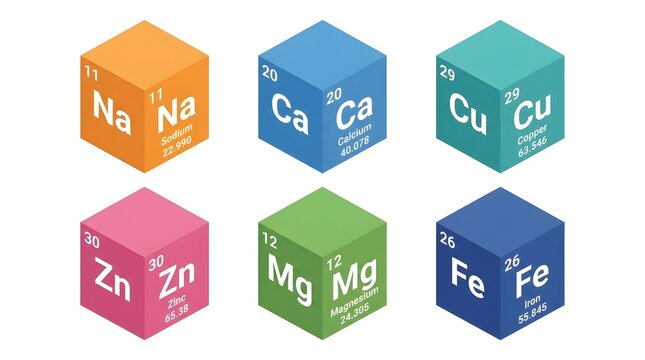 Six colorful cubes representing chemical elements Sodium Na Calcium Ca Copper Cu Zinc Zn Magnesium Mg and Iron Fe with atomic numbers and masses.