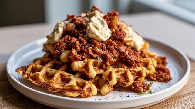 swedish potato waffles with minced beef and cheese cream