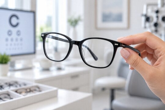 Hand Holding Black Eyeglasses in Optometrist Clinic with Eye Chart Background, Vision Care, Eye Exam, Prescription Lenses, Optical Health, Eyesight Testing and Eyewear Selection Concept