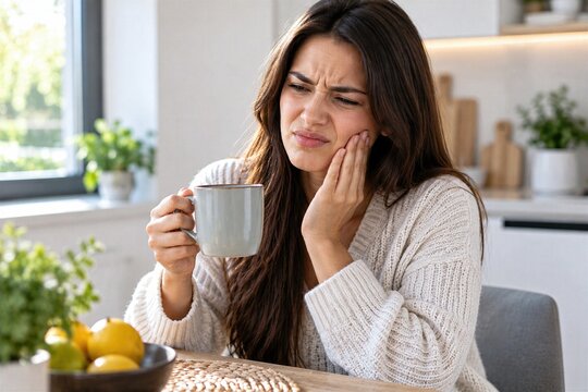 Woman Suffering Toothache While Holding Hot Drink at Home, Female Touching Painful Cheek with Dental Pain, Sensitive Teeth, Oral Health Problem, Tooth Sensitivity and Dentist Care Concept