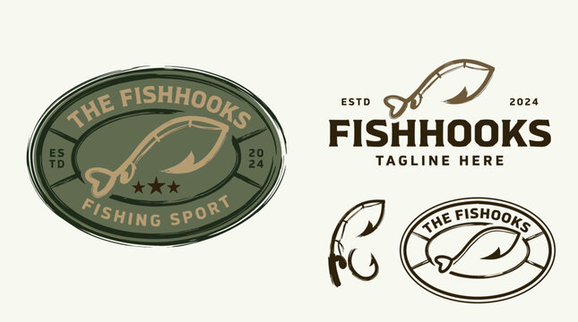 Premium vintage fishing logo design set. Hand drawn fish hook emblem for t-shirt apparel. Rustic outdoor sport badge collection. Creative fishing club branding kit.