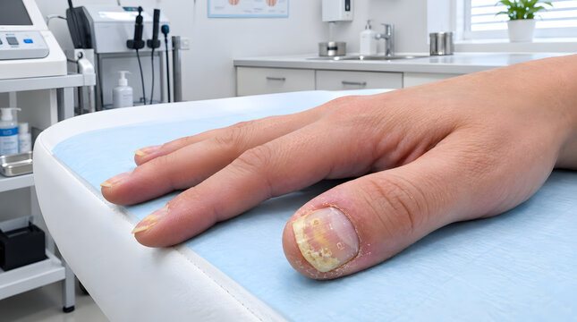 Close-up of psoriatic nail changes on a hand in a medical setting  