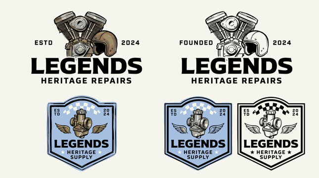 Vintage motorcycle engine repair logo set. Retro biker helmet and carburetor badge design. Classic heritage supply emblem for custom shop. Old school garage vector illustration for branding.