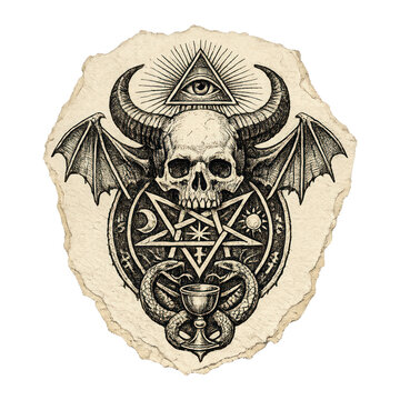 PNG Mystical skull with occult symbols.