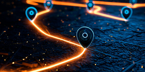 Plakat Abstract night city map with glowing light path and digital location markers illustrating route optimization and logistics planning for modern supply chain and delivery services
