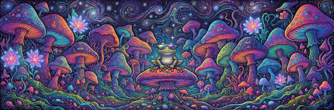 Psychedelic Trippy Mushroom Forest Frog Panorama