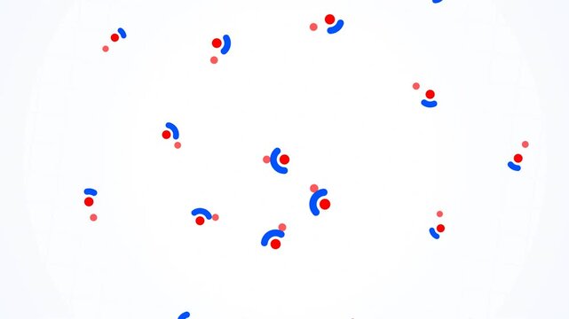 Minimalist digital illustration with scattered blue arcs and red dots on white, concept for social distancing and crowd dispersion, for web design and infographics.