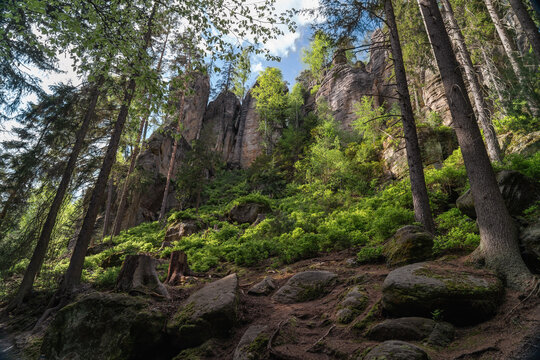 Rocky cliff face rising above a forested slope with scattered boulders