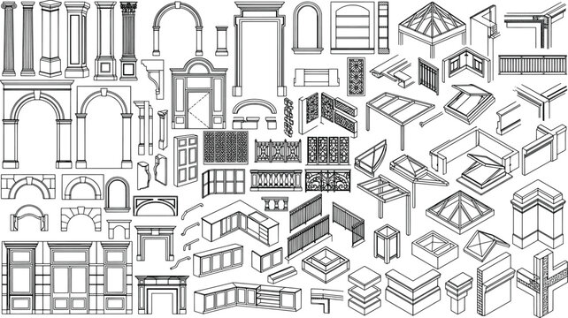 Architectural decorative elements and building construction details including columns arches and roof structures
