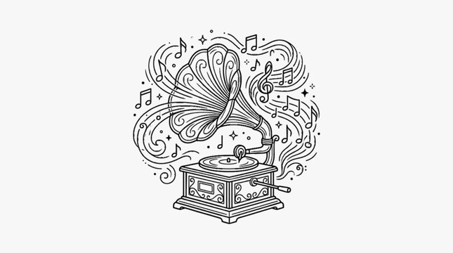 Vintage hand-drawn gramophone illustration with swirling musical notes, vinyl record player with ornamental horn, black and white line art engraving of an old phonograph player.