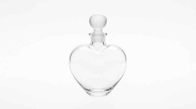 Clear Glass Heart Shaped Decanter Bottle with Stopper on White Background