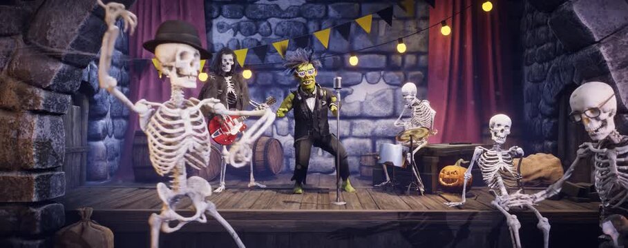 Funny Frankenstein at Halloween party in gothic dungeon pub with skeletons dancing on background, 3D render