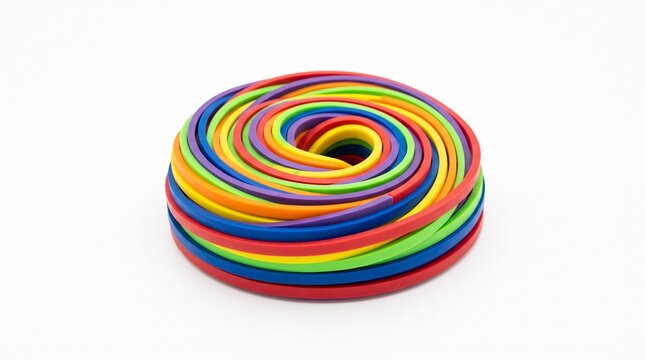Colorful rubber bands arranged in a spiral pattern on a white background