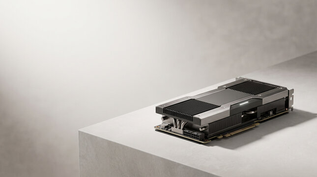 High performance graphics card with metallic cooling fins and industrial design sits ready for powerful gaming or advanced digital rendering