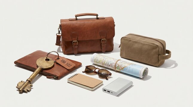 Travel and adventure accessories neatly arranged on white background