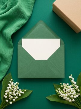 Blank white invitation card in green envelope with lily of the valley flowers