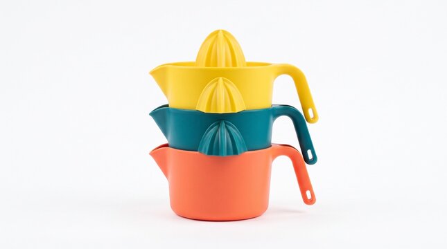 Stack of colorful citrus juicers on a white background