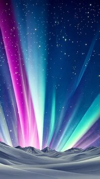 Aurora Borealis Over Snowy Peaks: The ethereal dance of the Northern Lights paints the night sky in vibrant hues of pink, purple, and green, illuminating a serene landscape of snow-capped mountains.