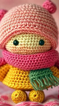 Cute Crochet Doll: A charming, handmade crochet doll dressed in a knitted hat, scarf, and sweater, ready for a winter day. This adorable creation evokes warmth and nostalgia.