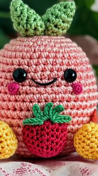 Amigurumi Strawberry Charm: A delightful, handmade amigurumi strawberry toy with a cheerful face and rosy cheeks, nestled amongst other crocheted fruits, exudes pure cuteness and handmade charm.