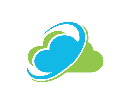 Abstract cloud computing logo with blue and green stylized clouds and an orbiting ring, representing data storage and digital services.