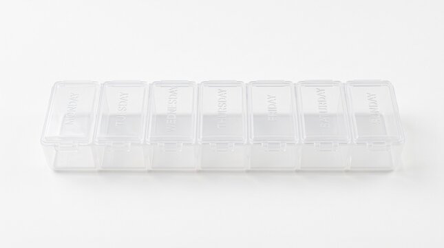 Clear plastic weekly pill organizer with seven compartments labeled with days of the week
