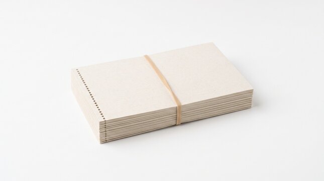 Stack of blank paper sheets with punched holes held together by a rubber band