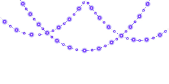 Purple glowing fairy lights hanging in decorative swags against a clean white background