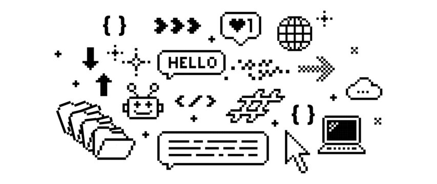 Minimal pixel digital communication icons background in retro 8bit style. Robot icon, computer laptop and tech vector elements for programming, coding, digital technology design. Software development