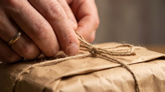 Boxing Day Hand Tying String on Brown Paper Package Macro Detail