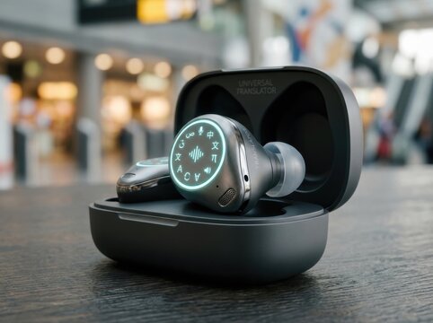 Smart translator earbuds resting in charging case with glowing interface