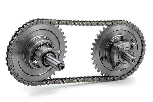 Two metal sprockets connected by a roller chain on a white background, illustrating mechanical power transmission.