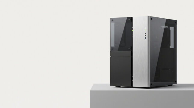 Modern computer tower case featuring brushed silver metal paneling and transparent glass sides standing on a clean grey rectangular surface