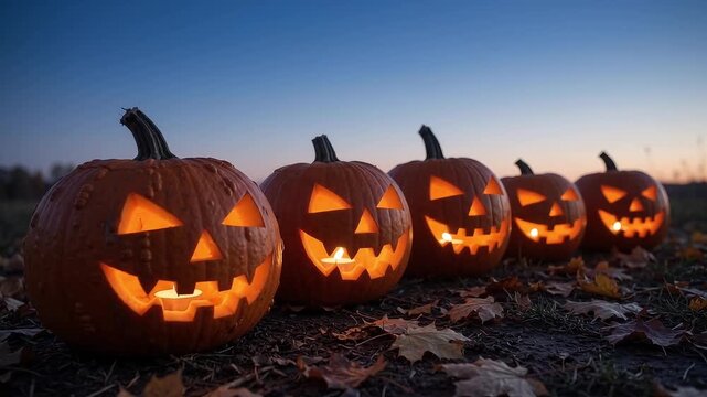 Row of glowing carved pumpkins glowing outdoors at dusk for Halloween