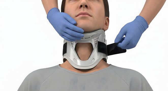 Paramedic Applying a Cervical Collar to Injured Patient for Neck Immobilization and Trauma Care