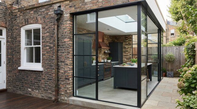 Modern kitchen extension with glass walls and brick exterior