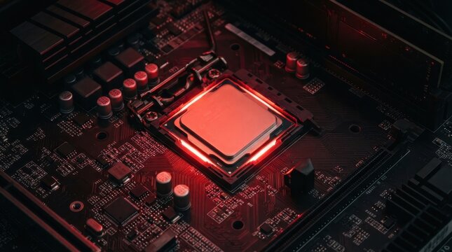 Computer motherboard with glowing red LED lighting on CPU processor