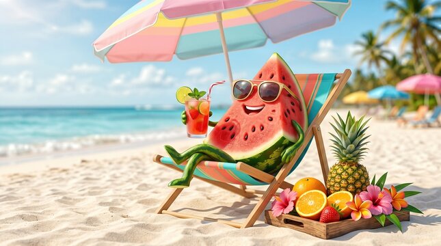 Watermelon character wearing sunglasses relaxes on a beach chair under a colorful umbrella, surrounded by tropical fruits and a refreshing drink on a sunny day