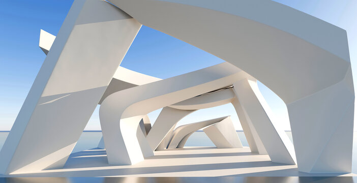 Abstract architectural structure with white curved forms and geometric shapes under a clear blue sky, modern parametric design visualization