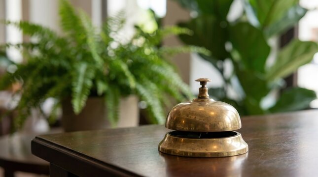 Brass hotel service bell on a wooden reception desk