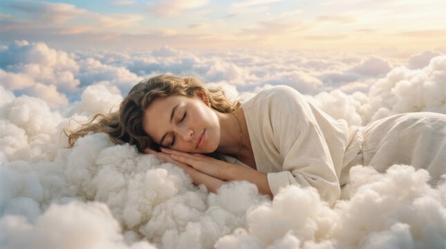 Young woman sleeping peacefully on soft white clouds in the sky