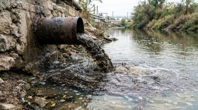 Industrial waste water discharging from a rusty pipe into a river