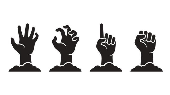 Silhouetted zombie hands rising from the ground in various dark creepy poses on white background
