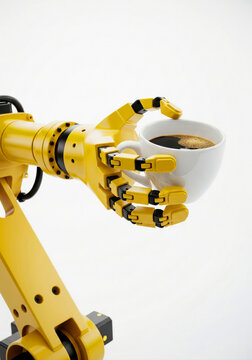 Industrial yellow robot arm holding coffee cup isolated