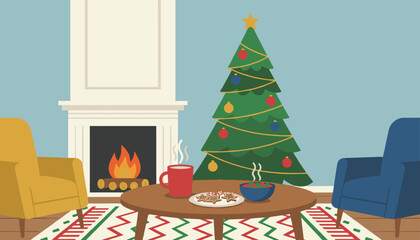 Fototapeta premium Living room with Christmas tree fireplace and cozy armchairs decorated for a festive holiday winter celebration.