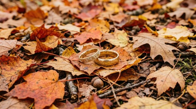Two gold wedding rings resting among colorful autumn leaves on the ground