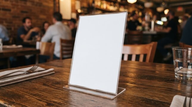 Blank table tent sign on wooden restaurant table