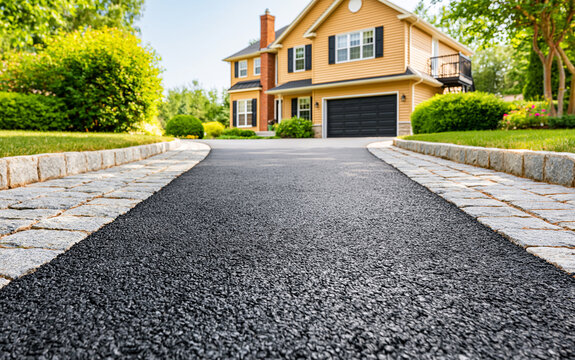 A newly restored asphalt driveway showcases freshly applied black sealcoat with a glossy finish.