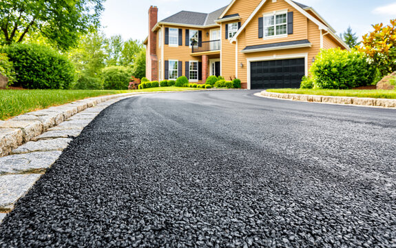 A newly restored asphalt driveway showcases freshly applied black sealcoat with a glossy finish.