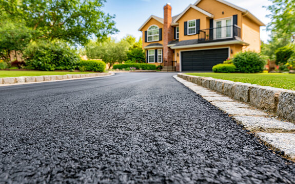 A newly restored asphalt driveway showcases freshly applied black sealcoat with a glossy finish.